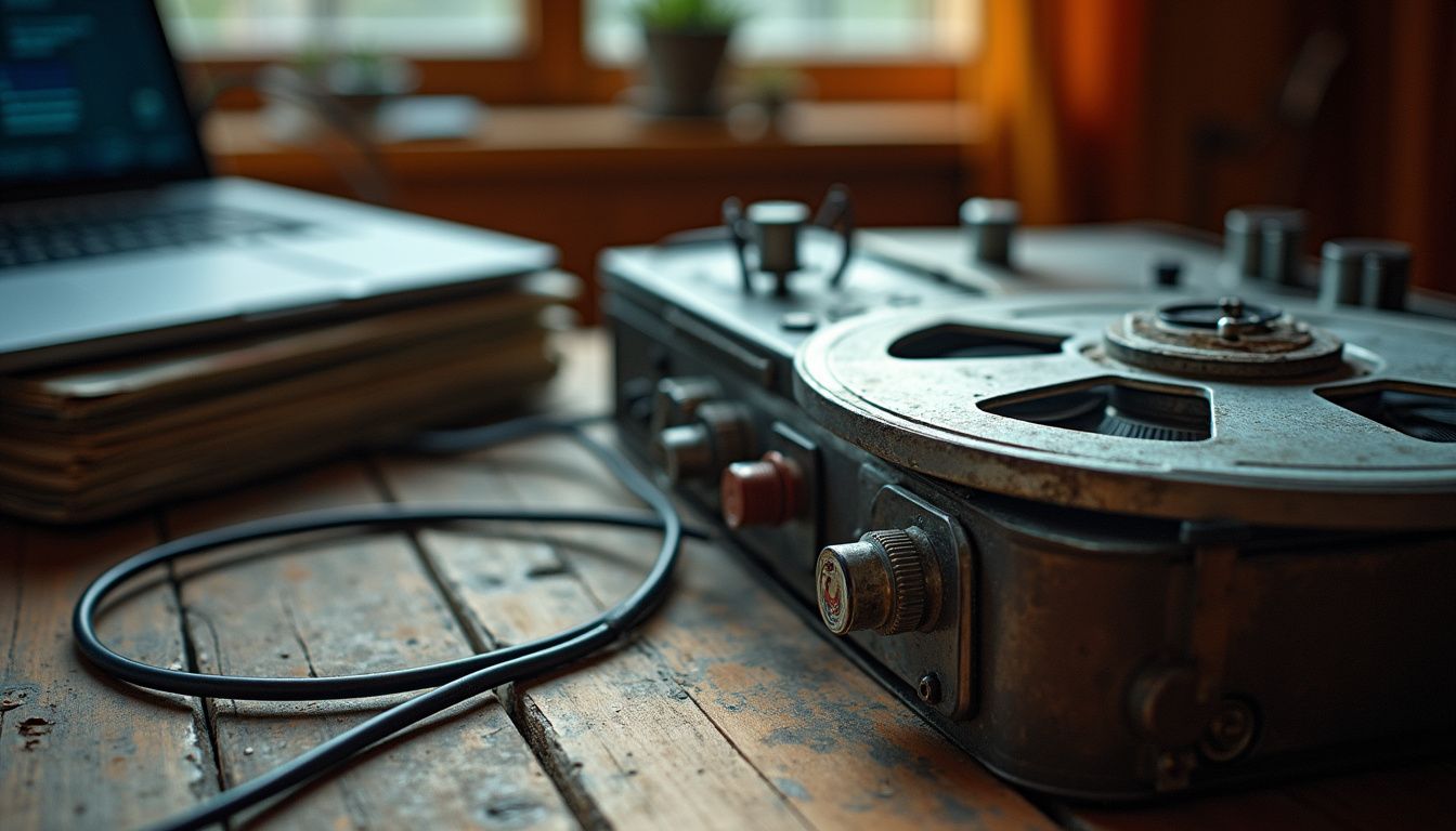 A reel-to-reel recorder on a desk, early proof of studio innovation.