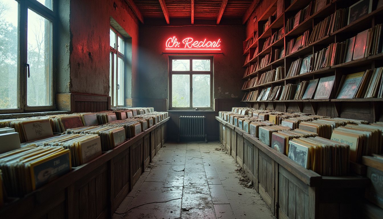 Stacks of dusty vinyl in an abandoned shop, hinting at hidden influence.
