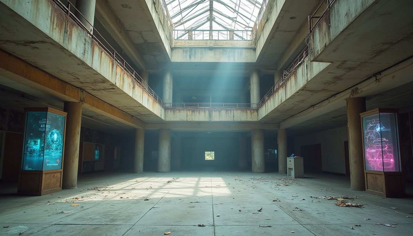 An empty shopping mall that feels eerie, lonely, and nostalgic.