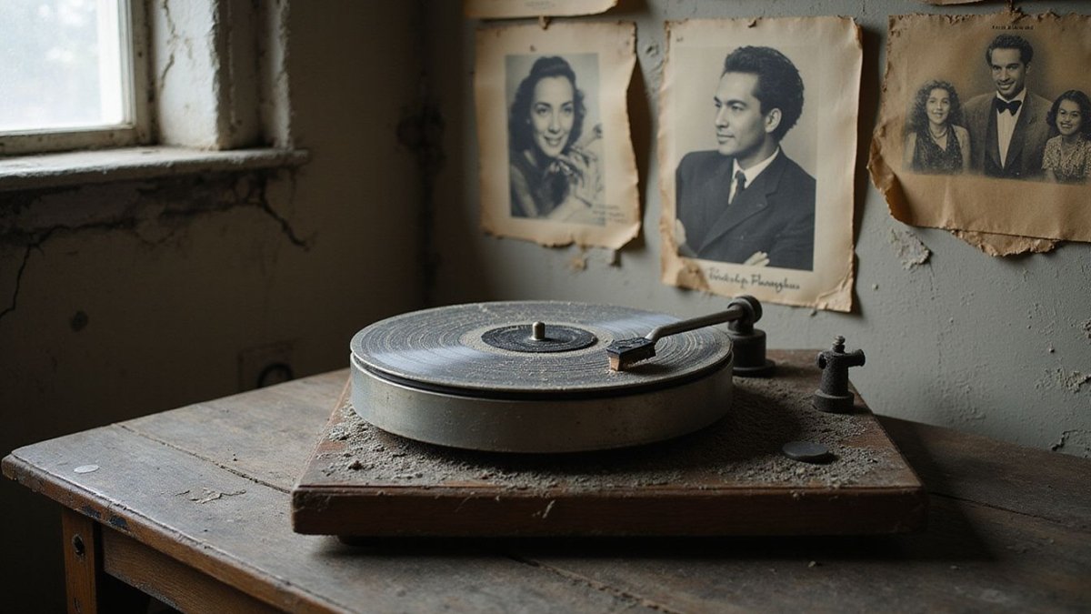A neglected record player on a weathered table in soft light.