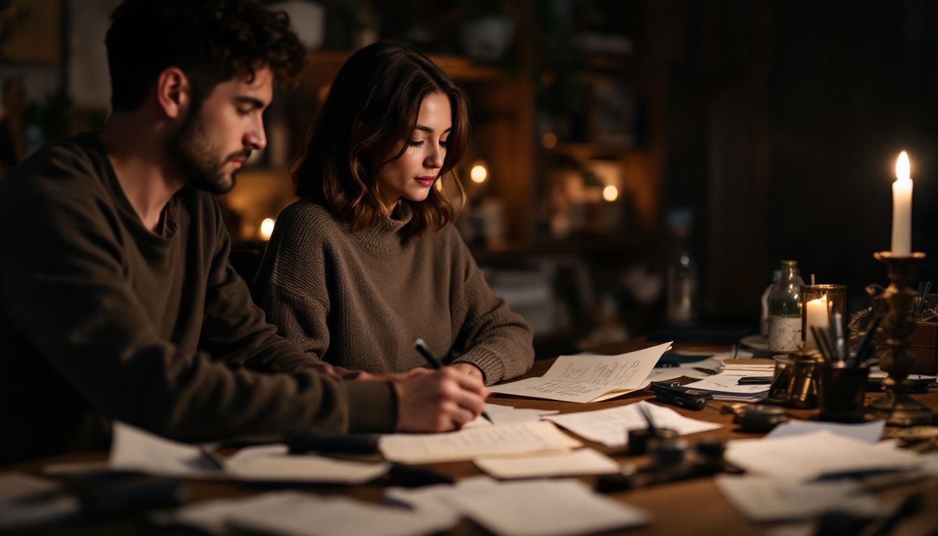 A couple in their mid-30s working together on a romantic love letter.