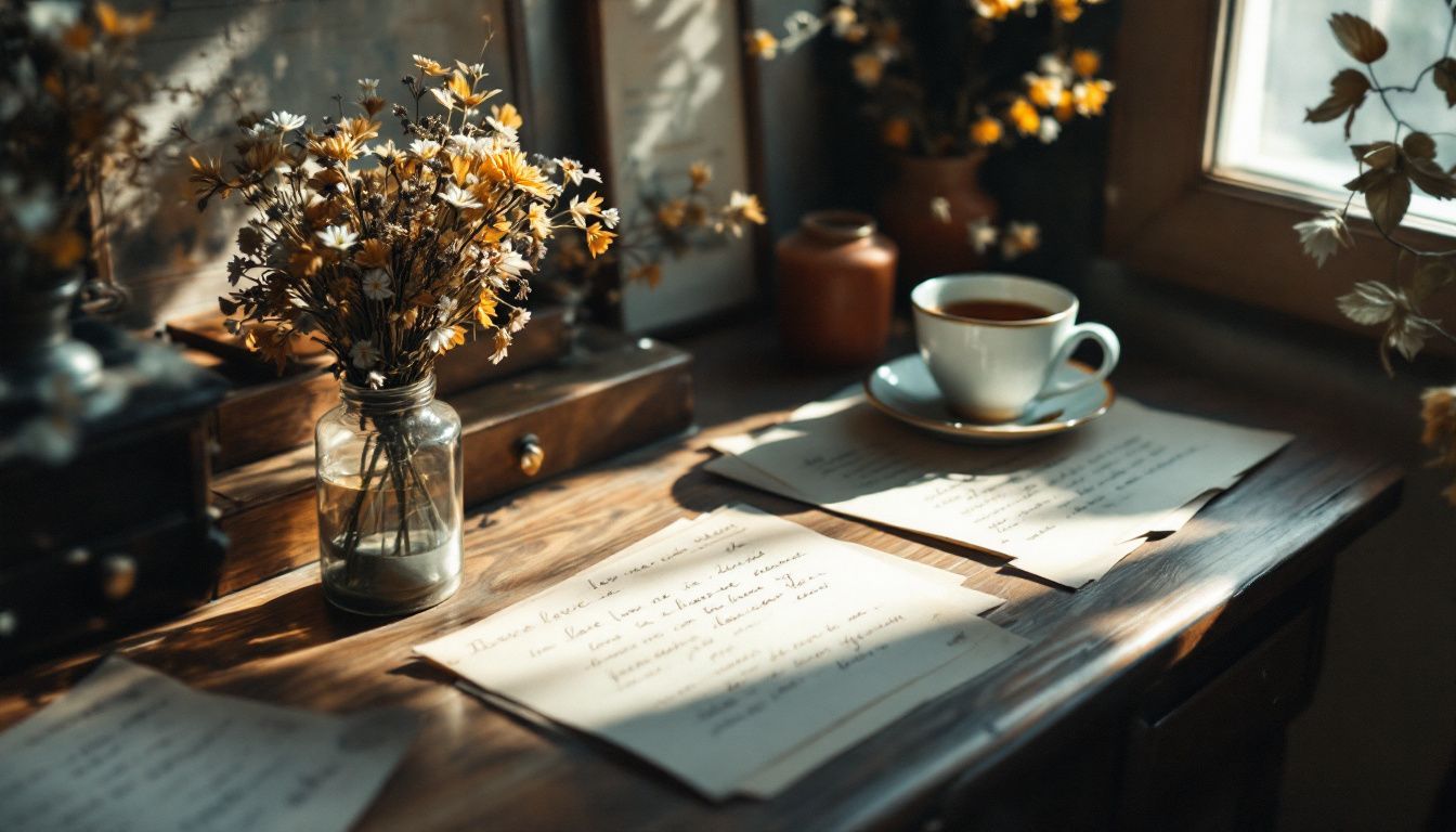 A vintage desk adorned with love letters, quill pen, and tea.
