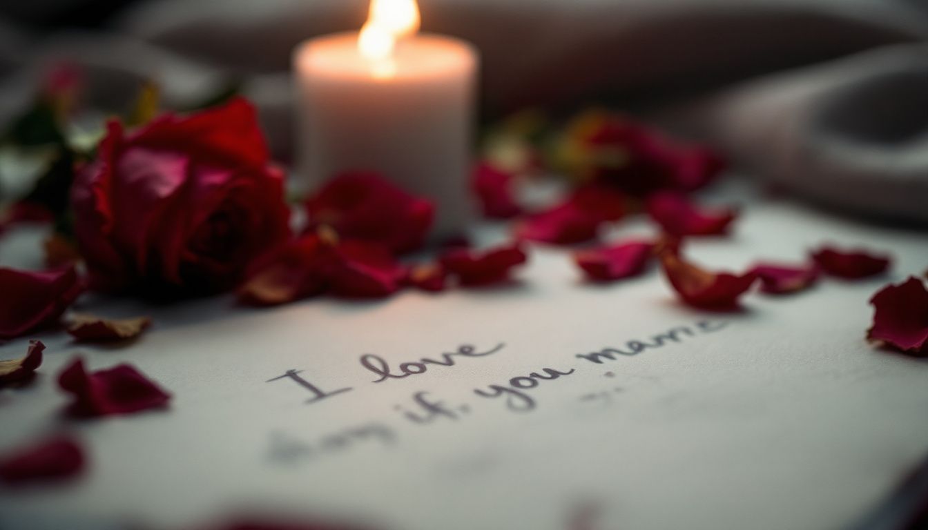 An unopened love letter surrounded by dried rose petals and a candle.