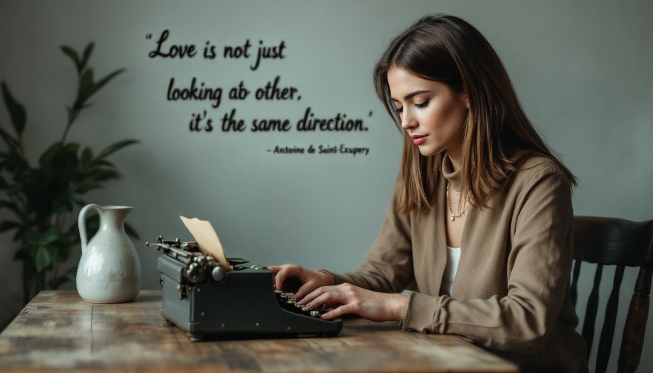 A woman typing a love letter on a vintage typewriter.