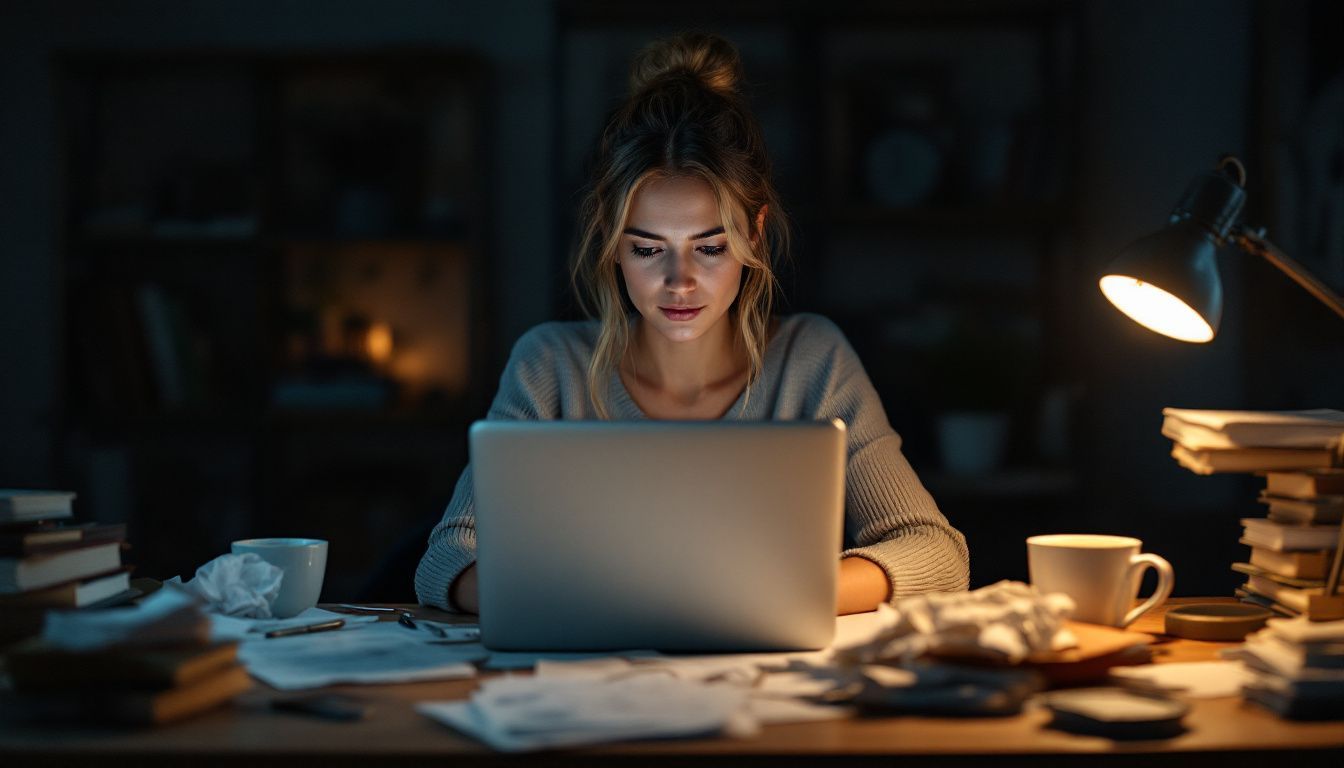 A woman sits at a cluttered desk staring at a blank laptop.