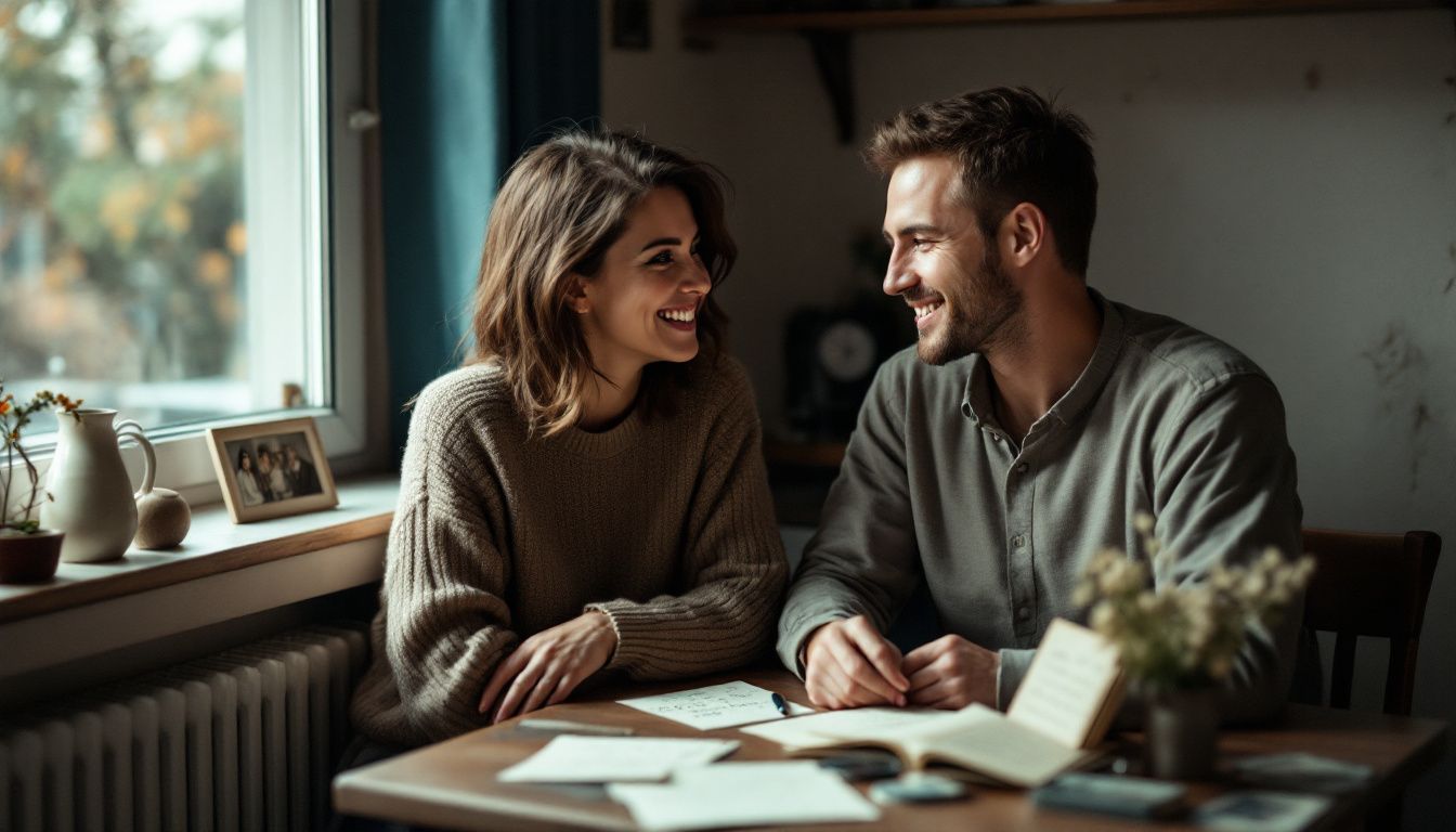 A couple in their mid-30s sitting at a cozy table reminiscing.