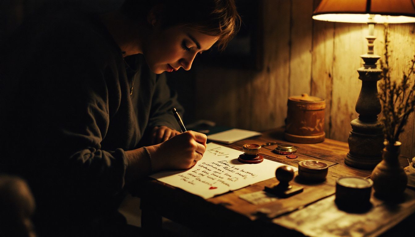 A person writing a love letter with a wax seal.