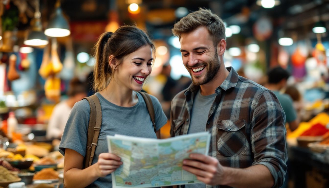 A couple in a crowded market, laughing while looking at a map.