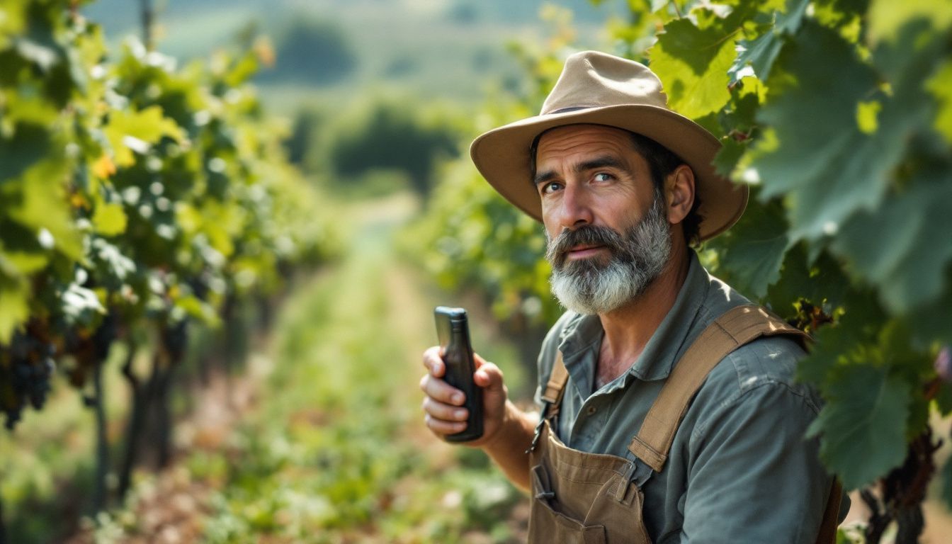 A vineyard worker inspecting grapevines in the Italian countryside.