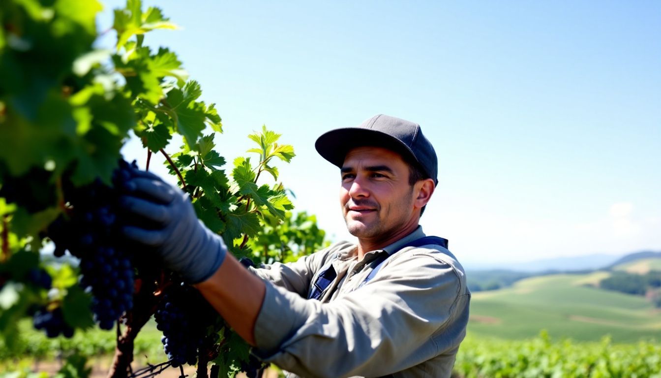 A vineyard worker picking grapes in a scenic vineyard setting.