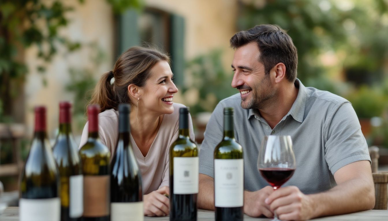 A couple enjoying a wine tasting at an Italian vineyard.