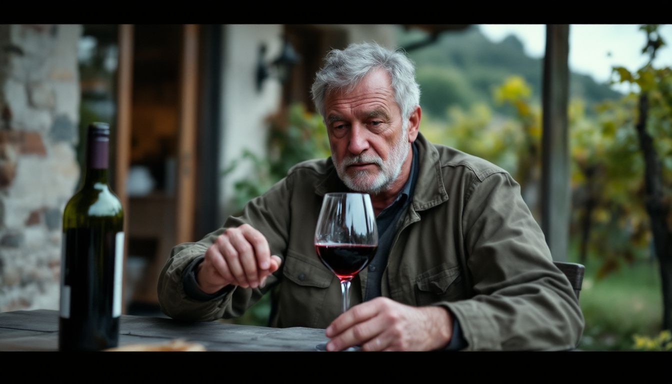 An elderly man pours red wine in Tuscany vineyards.
