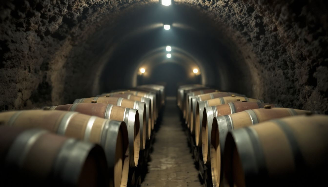 An Italian cellar with aging wine barrels evokes tradition and craftsmanship.