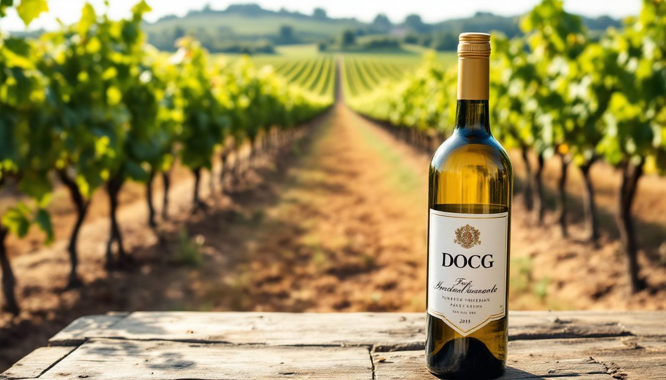 A rustic vineyard with neat rows of grapevines and a prestigious wine bottle.