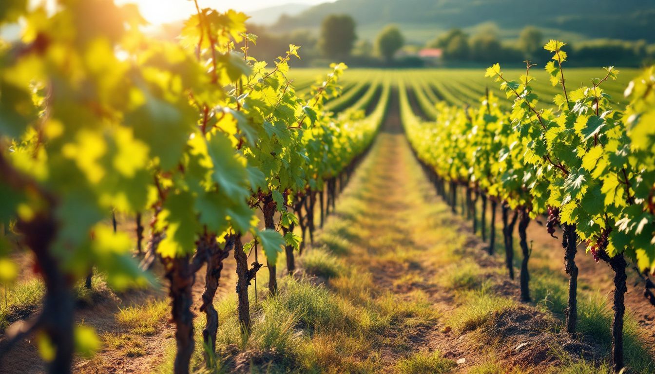 A rustic Italian vineyard with rows of grapevines in warm sunlight.