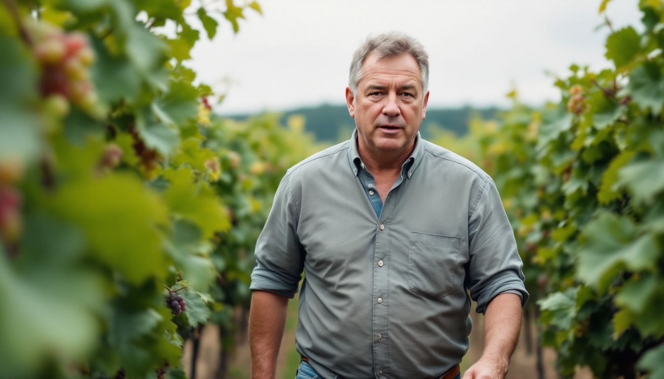 A winemaker walking through a diverse vineyard with non-traditional grape types.