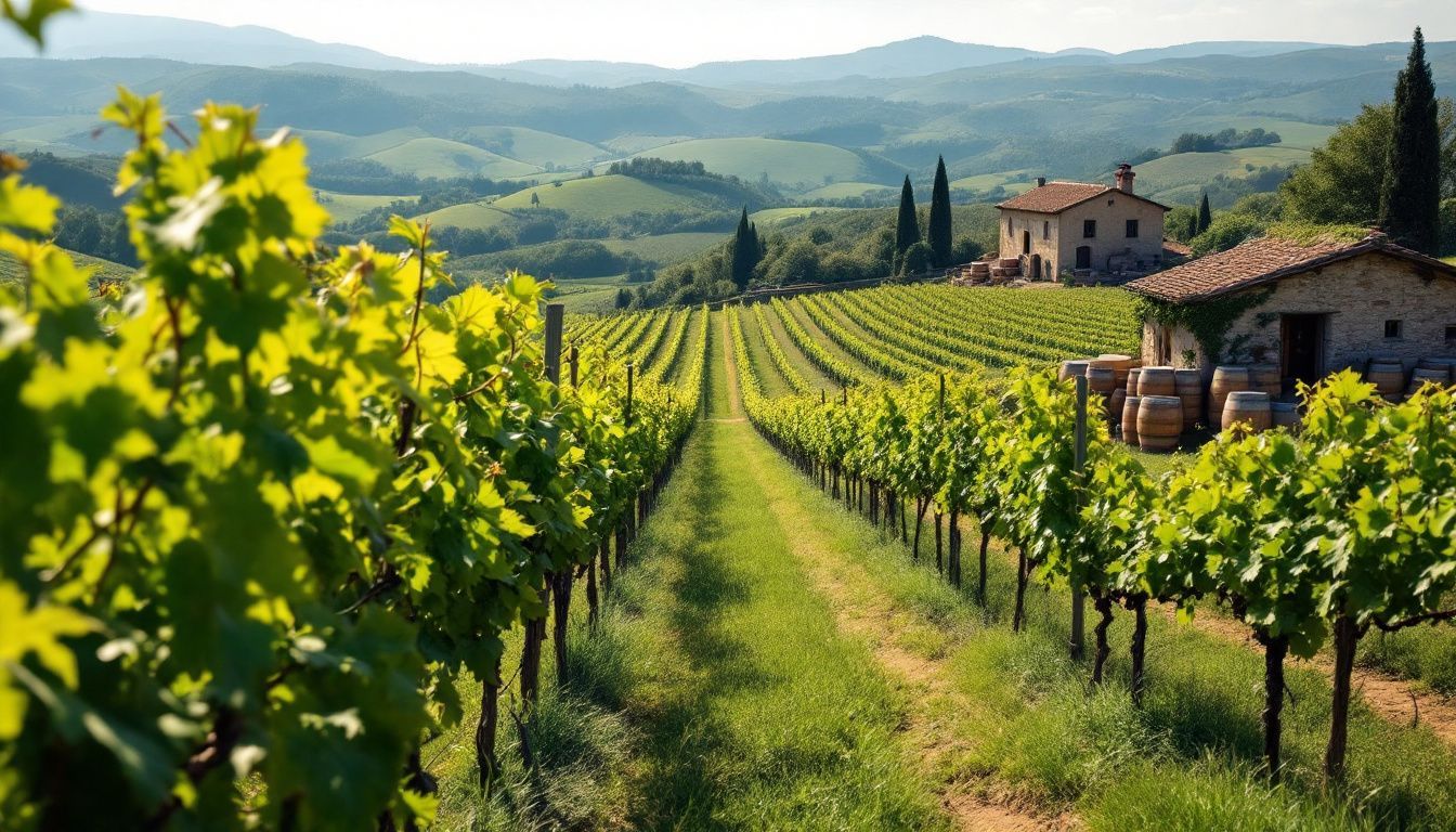 A rustic Italian vineyard with grapevines, rolling hills, and traditional winemaking.