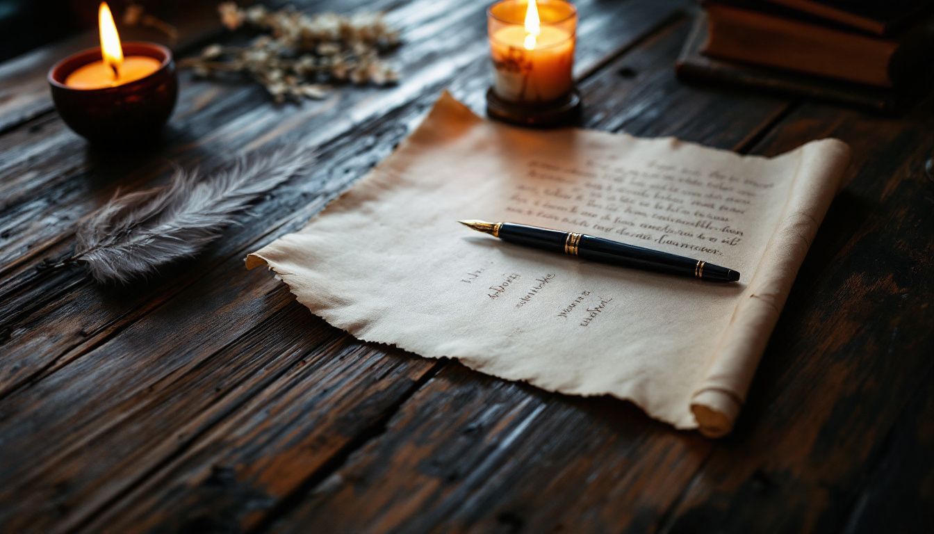 A vintage desk with quill pen, candle, and calligraphy parchment.