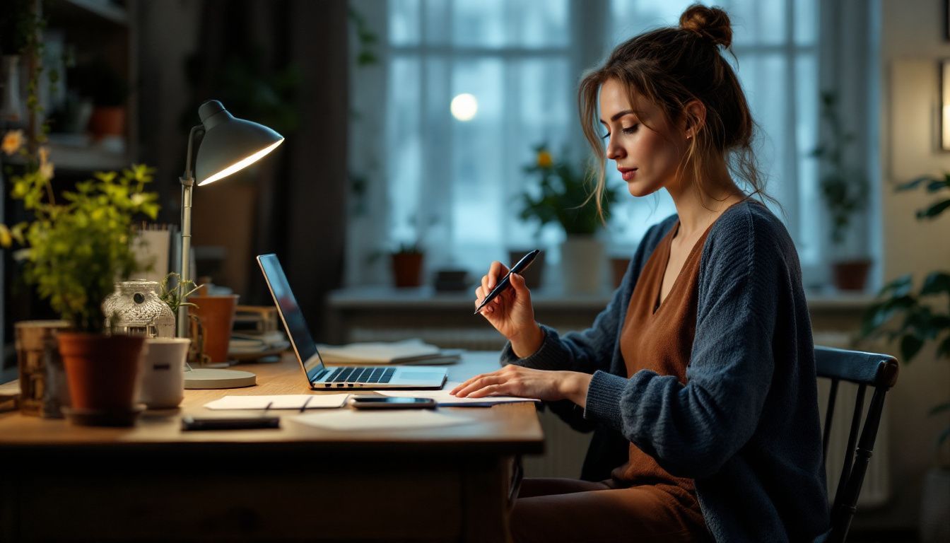 A woman writes a love letter at her vintage desk in a cozy home office.
