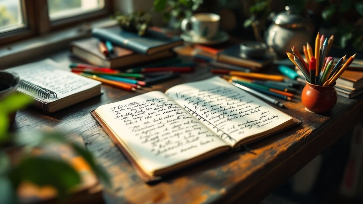 A cozy study room with vintage desk, colorful pens, and open notebook.