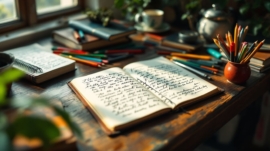 A cozy study room with vintage desk, colorful pens, and open notebook.