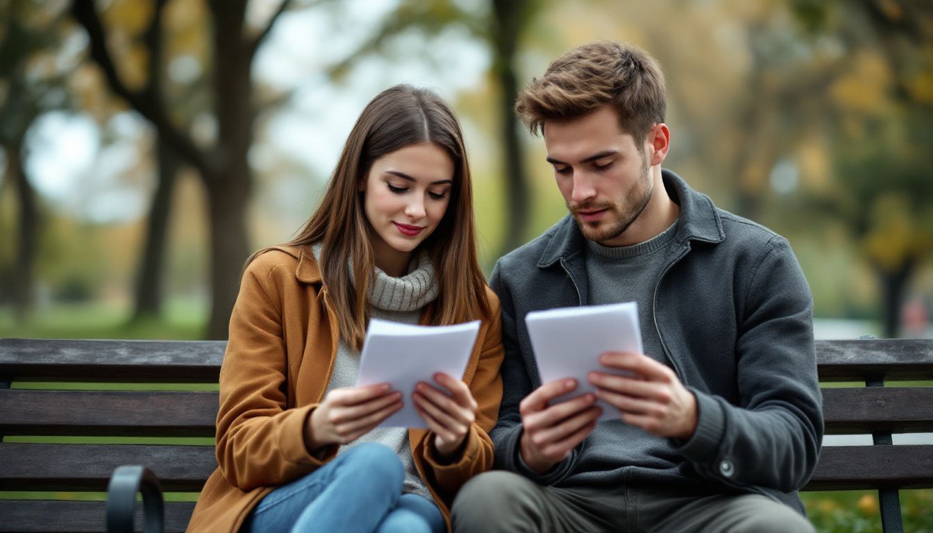 A young couple reading love letters on a park bench.