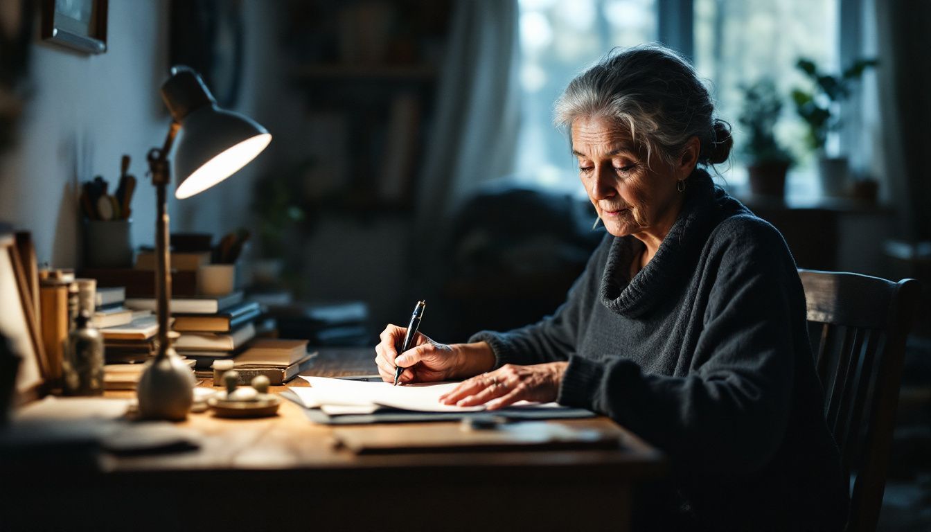 Elderly woman writing a letter at a cluttered wooden desk.