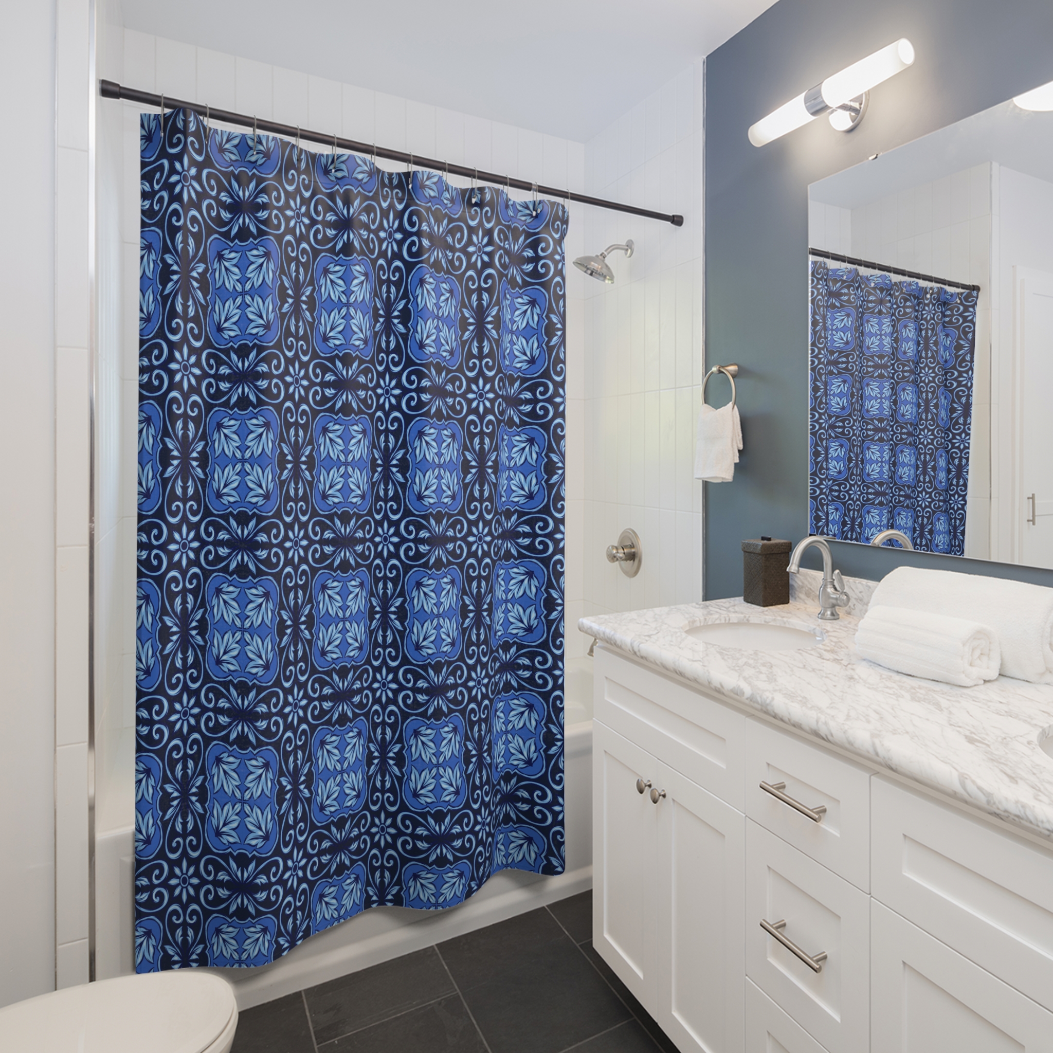 Dark-Blue Ceramic Tile Shower Curtain 3 Dark-Blue Ceramic Tile Shower Curtain - Image 3