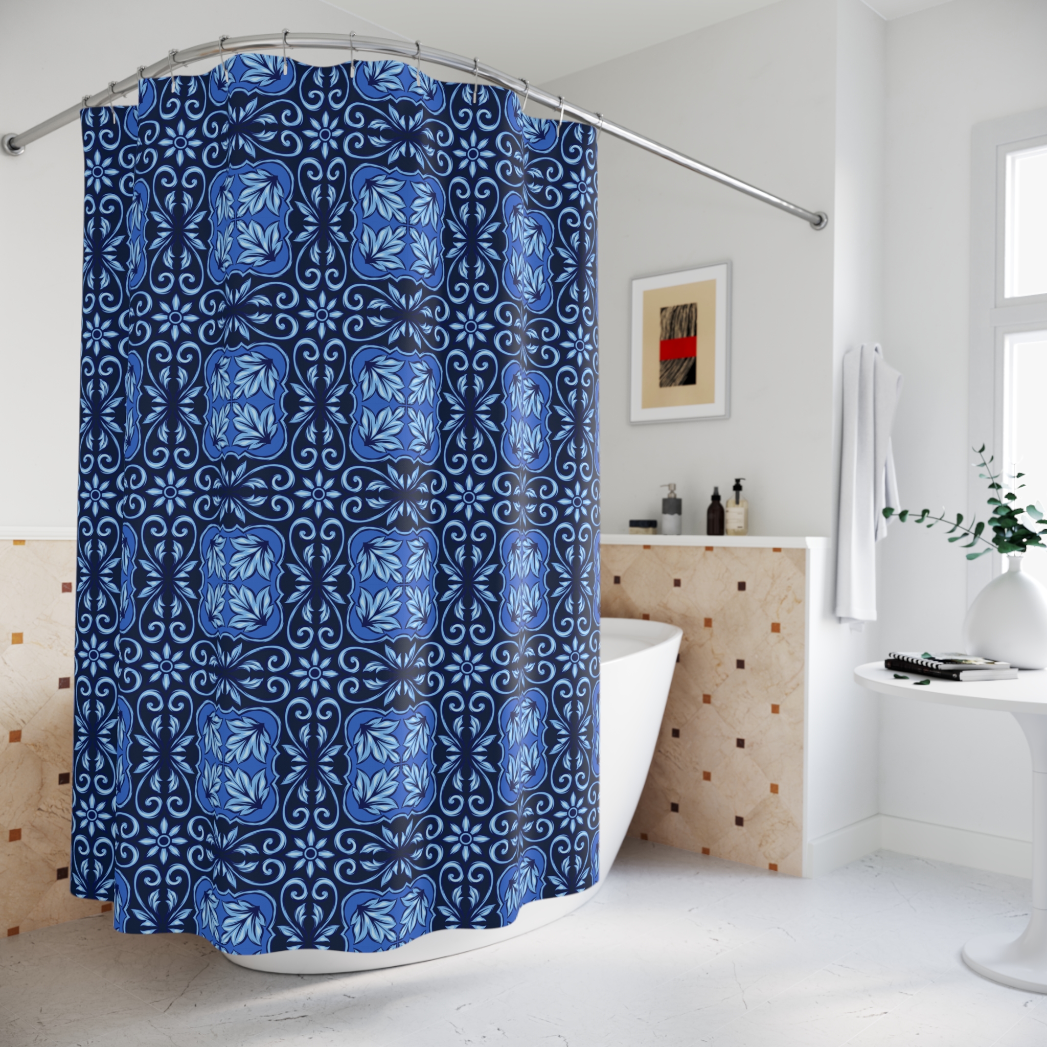 Dark-Blue Ceramic Tile Shower Curtain 4 Dark-Blue Ceramic Tile Shower Curtain - Image 4