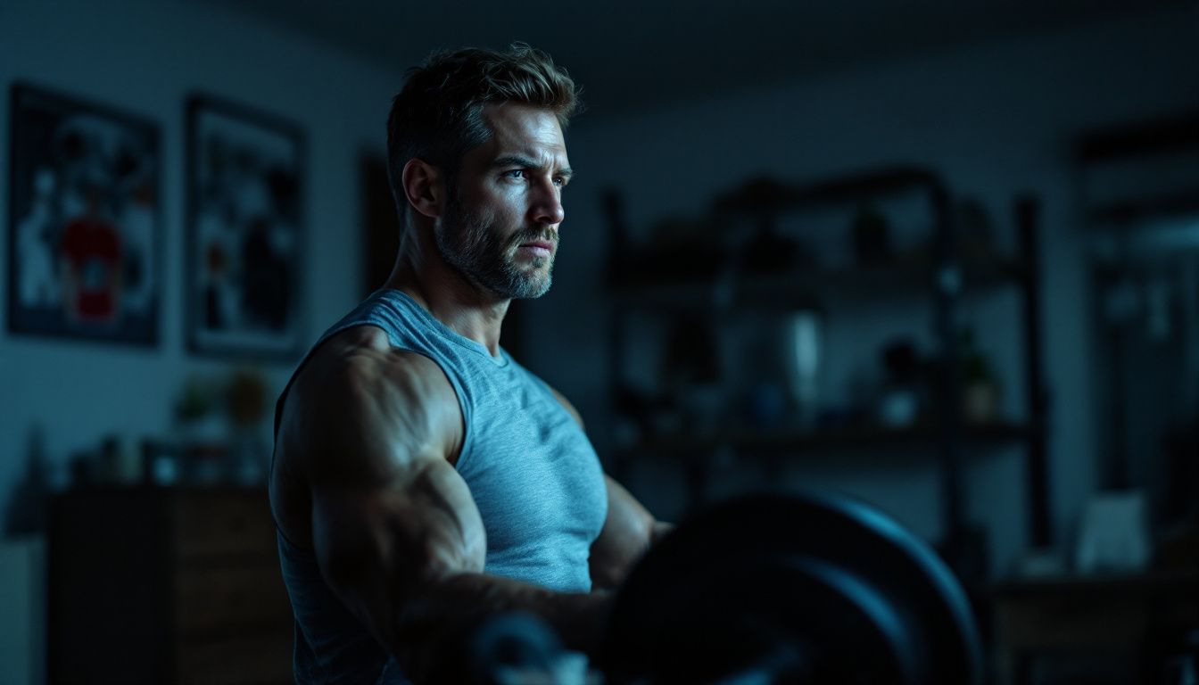 A man in his 30s doing weight training in a home gym.