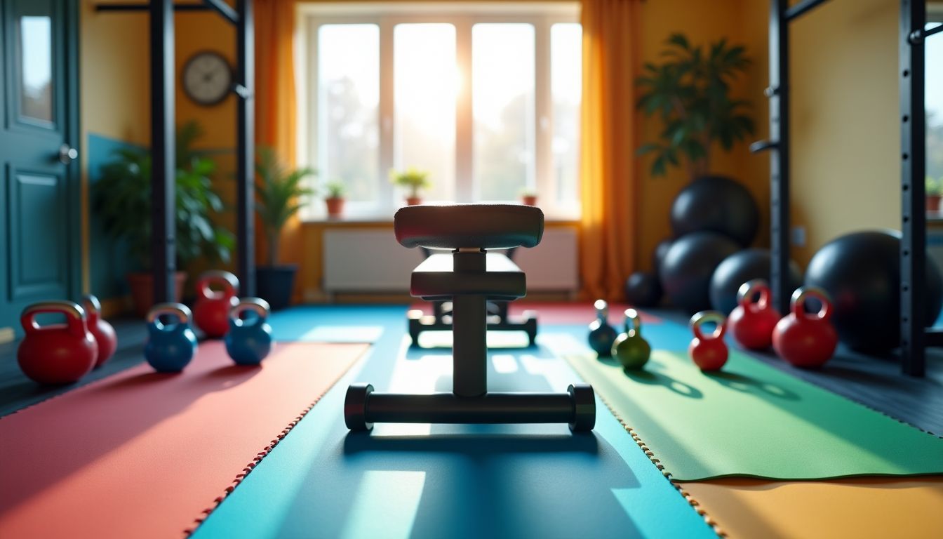 Home gym with fitness equipment for strength-building exercises.