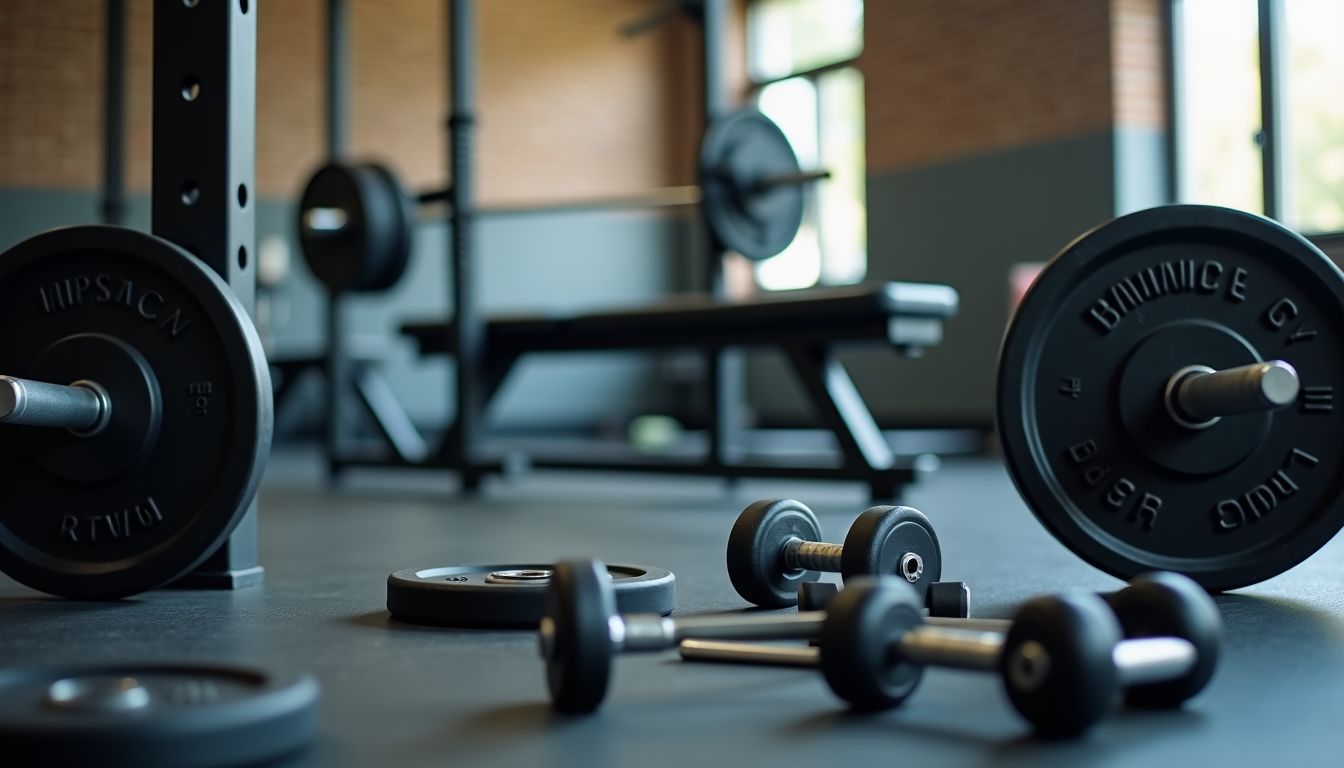 A well-equipped and lively gym with heavy weights and machines.