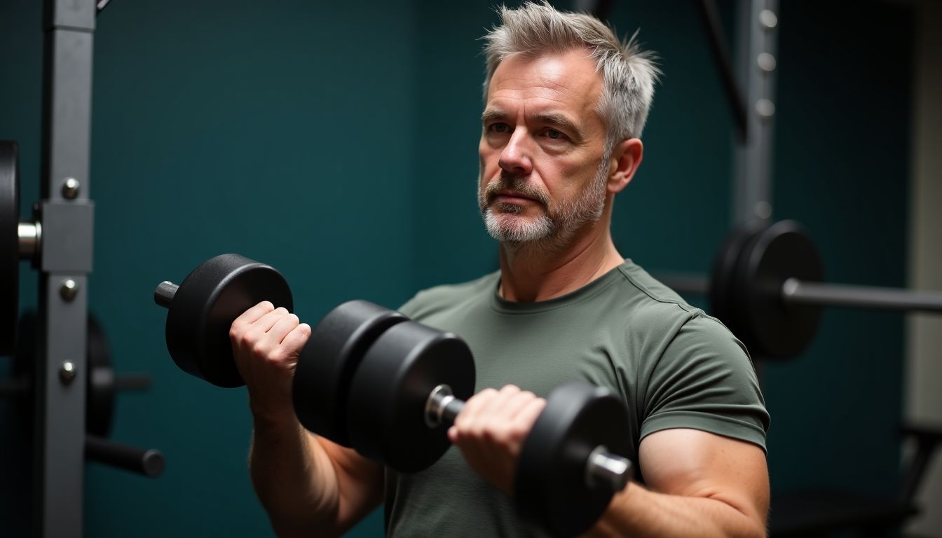 A man lifting weights with correct form in a home gym.