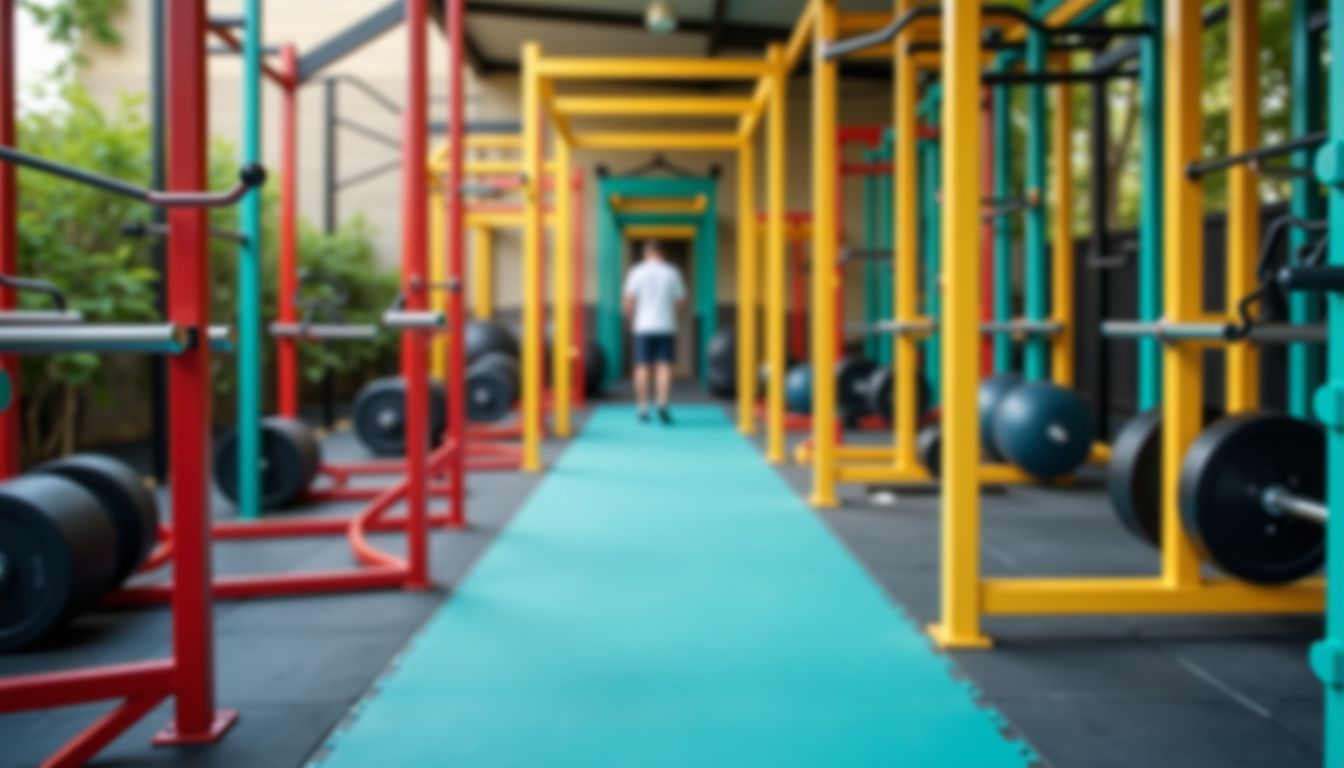 A colorful outdoor gym surrounded by greenery emphasizes the importance of strength training.