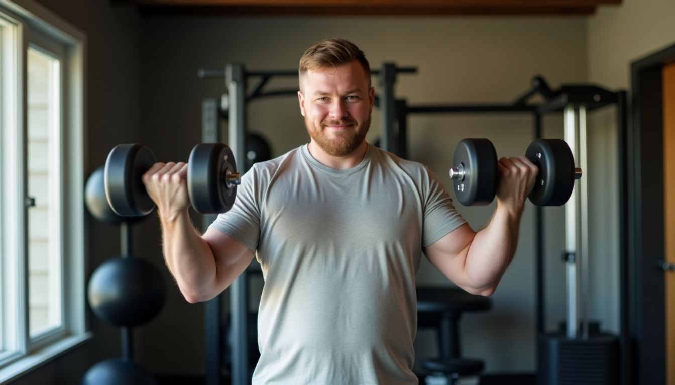 A man in his 30s doing bicep curls with dumbbells in a home gym.