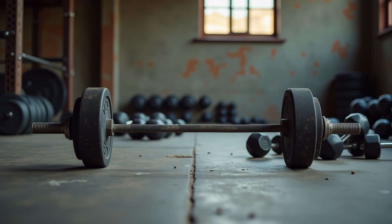 A rustic gym with scattered weights and a worn look.
